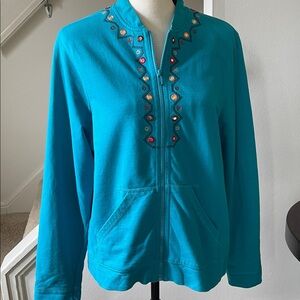 Onque Casuals Cotton Teal Embellished Zip-Up Jacket with Pockets Size Large